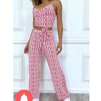 Ensemble crop top pantalon femme, rose à motif