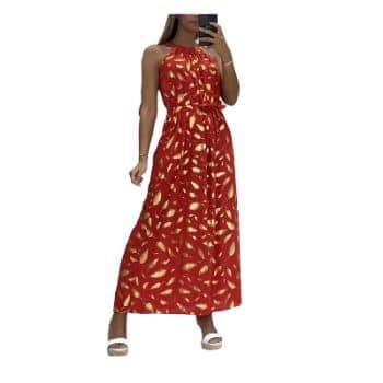 LONGUE ROBE ROUGE MOTIF PLUMES AVEC ATTACHE AU COL
