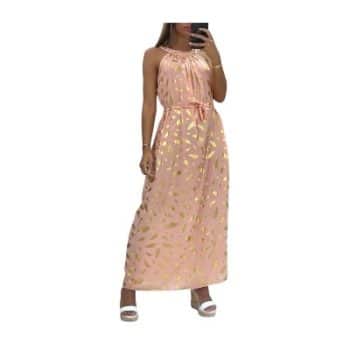 LONGUE ROBE ROSE MOTIF PLUMES AVEC ATTACHE AU COL